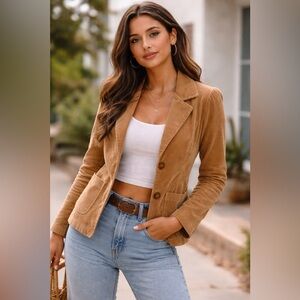 Vintage 90s Corduroy Blazer Camel Brown Fitted Jacket Small